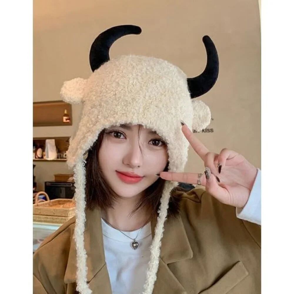 Men B-black Furry Buffalo Horn Winter Hat Unisex Faux Fur Earflap Trooper Cap